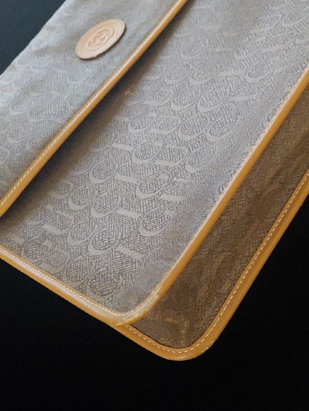 Vintage Gucci GG Monogram Laptop Messenger Unisex Bag Brown Leather Trim
